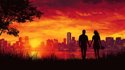 Fototapeta premium Silhouette Couple Cityscape Sunset Romance