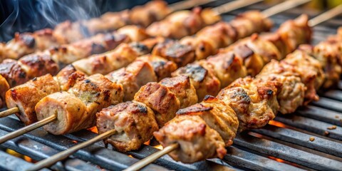 Close-up of pork kebab being cooked on the grill, pork, kebab, grill, cooking, close-up, meat, skewers, delicious, barbecue