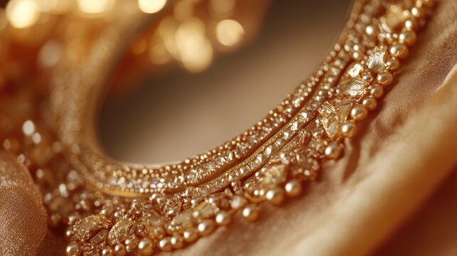 Close-up of stylish golden bijouterie arranged on a light brown fabric, with a mirror reflecting the elegance of the jewelry, highlighting intricate details and luxury