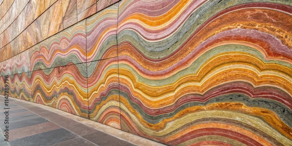 Aufkleber a wall adorned with a textured, multi-colored patterned tile design, reminiscent of sedimentary laye