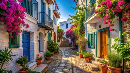 Skopelos' Kastro alleyway: Picturesque Greek architecture captured in sharp, high depth-of-field photography.