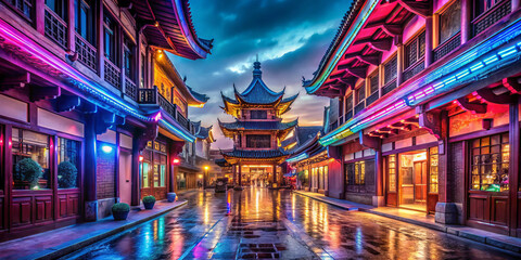 Obraz premium vibrant historic quarter illuminated by colorful neon lights, showcasing traditional architecture and serene atmosphere after rain. scene captures beauty of urban transformation