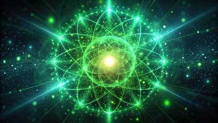 Obraz premium Rotating green glowing particle nucleus background, abstract, energetic, , loop, biofuel, algae, fuel cells