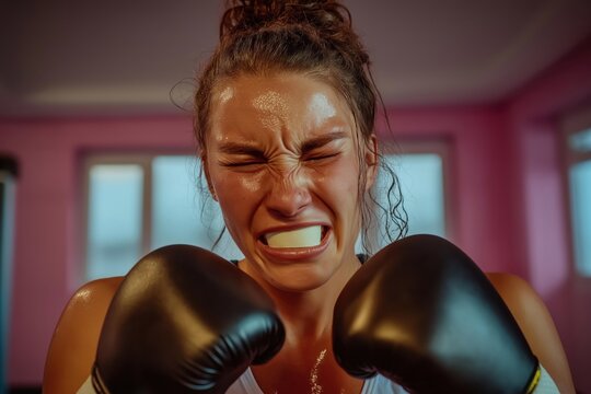 Close up of a sweaty female boxer with mouthguard, demonstrating her strength and determination during training - Powered by Adobe