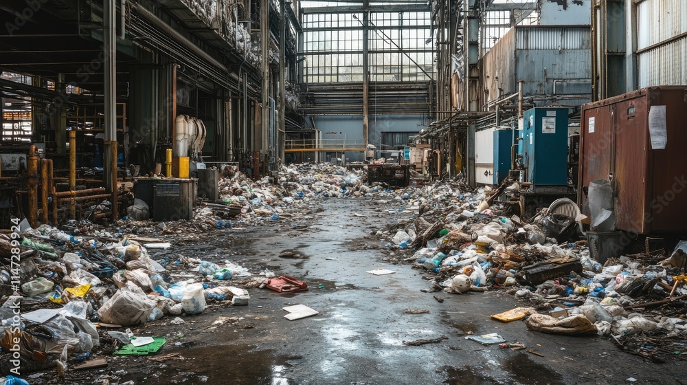 Poster industrial debris and hazardous waste in a factory, highlighting the environmental consequences of u