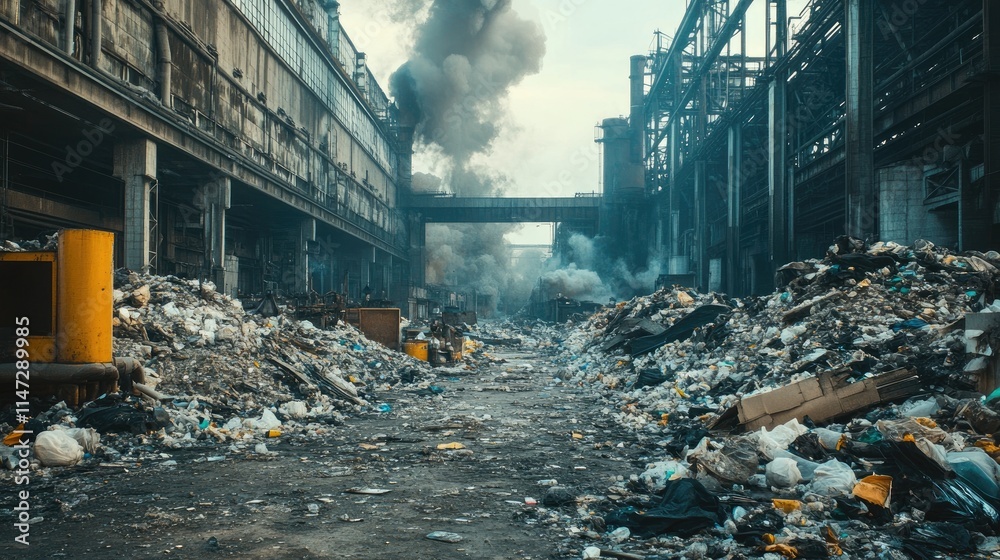 Poster industrial debris and hazardous waste in a factory, highlighting the environmental consequences of u