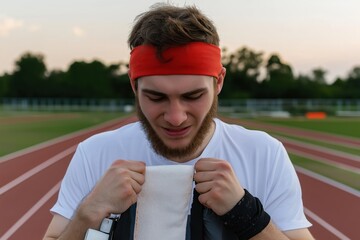 Young sportsman wiping sweat from his forehead with a towel after intense training on a running track