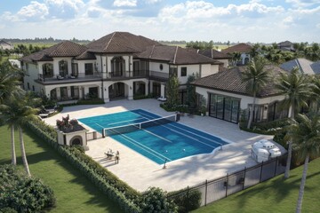 Aerial view of a luxury home with pool and tennis court.