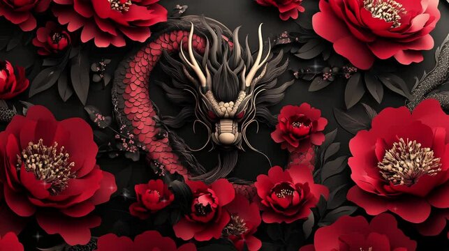 Chinese dragon and red peony flowers paper video background for Lunar New Year celebration.