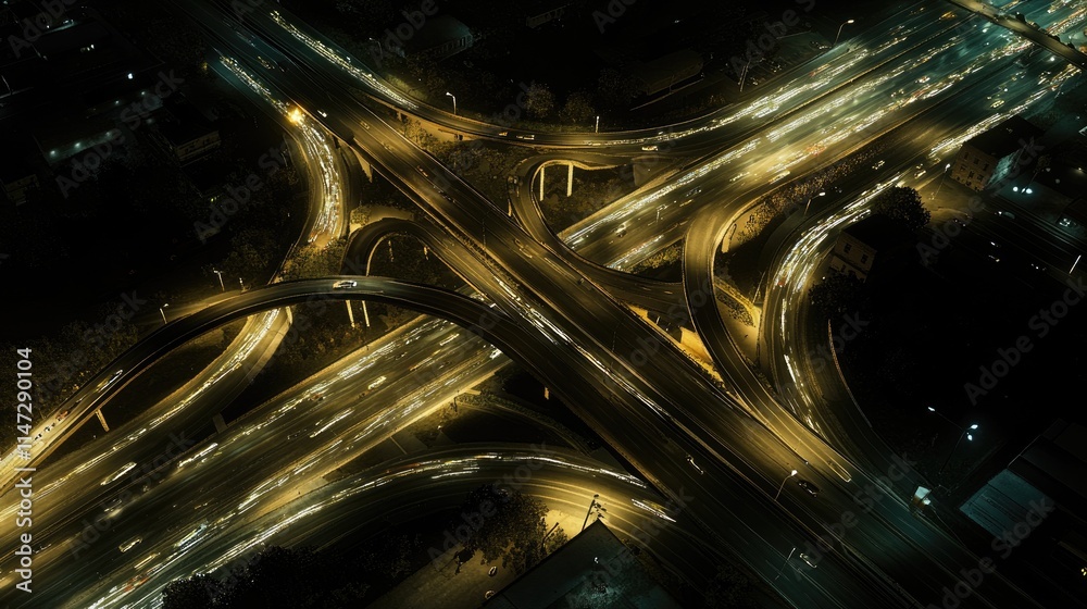 Poster nighttime aerial shot of a multi-level highway intersection, with cars in motion creating light stre