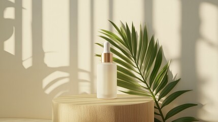 Simple, modern background with a cosmetic bottle on a podium, showcasing a natural vibe with a green plant, perfect for branding and product visuals