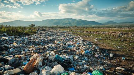 Polluted landscape littered with waste in a rural area under blue sky.  