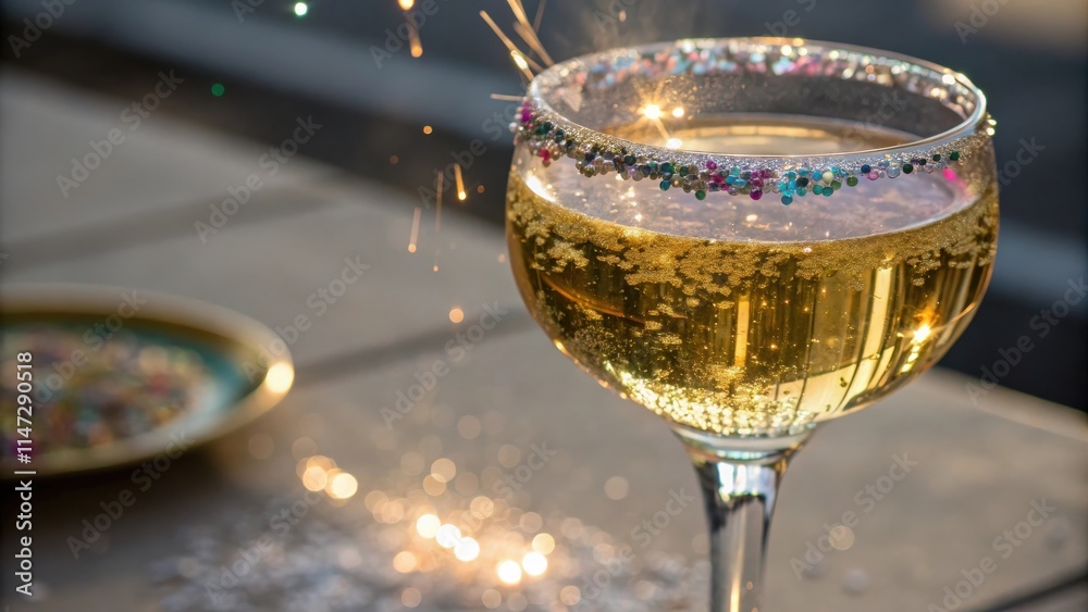 Poster sparkling celebratory drink with a festive rim, reflecting light and capturing the essence of a joyf