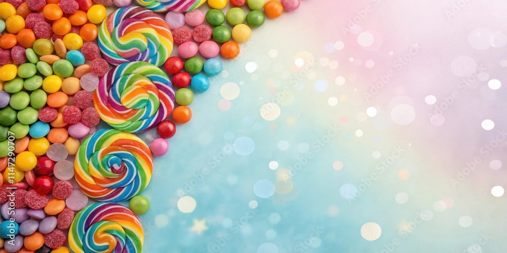 Poster a colorful border of assorted candies, including lollipops and gumdrops, against a pastel background