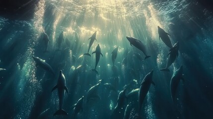 Fototapeta premium Sunlight Dappled Dolphins: An Underwater Ballet