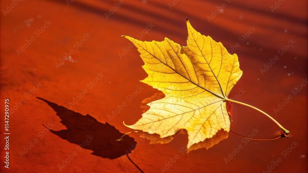 Poster a single golden leaf floats on a still red water surface, casting a delicate shadow beneath it.
