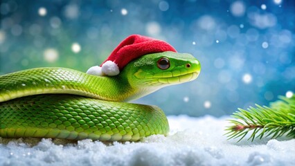 Fototapeta premium Green snake in a Santa hat slithering on snowy background, snake, green, Santa hat, winter, snowy, background, cold, wildlife
