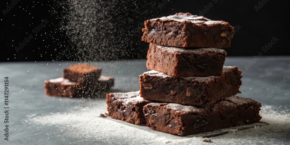 Poster A stack of freshly baked brownies dusted with powdered sugar, creating a delightful and tempting dessert scene.