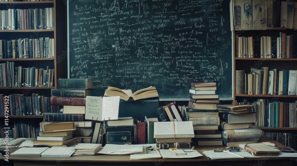 Poster stationery tools and countless books laid out across a study desk with ample copy space available fo