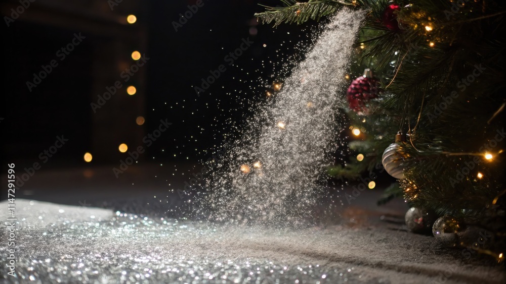 Poster a christmas tree adorned with lights and ornaments casting shimmering snowflakes on the snow beneath