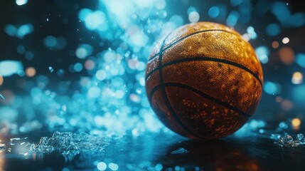 Dynamic Basketball Action Shot: A Wet, Glowing Orange Sphere Amidst a Blue Explosion