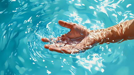 The image depicts a hand submerged in water, possibly from a pool or sea, capturing the feeling of refreshment and joy on a sunny day. Submerged. Illustration