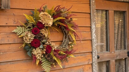 A rustic wreath of dried flowers and foliage, adorned with vibrant red roses, hangs against a weathered wooden wall.