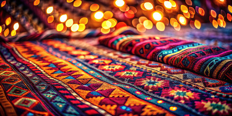 Vibrant African patterned fabric with colorful designs and warm lights. intricate patterns showcase rich colors and textures, creating lively atmosphere