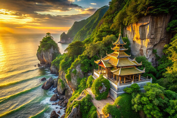 Obraz premium high angle shot of secluded coastal temple surrounded by lush greenery, overlooking ocean waves at sunset. serene atmosphere evokes sense of tranquility and peace