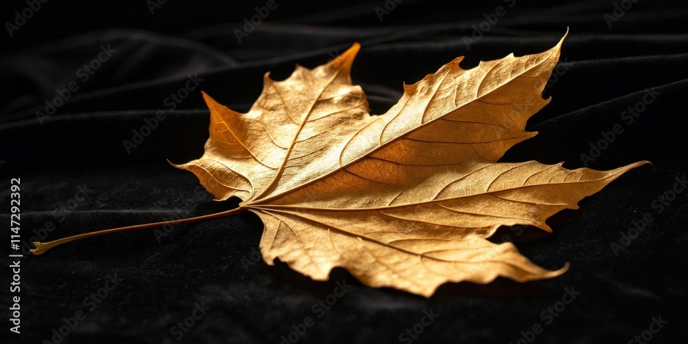 Poster a single golden autumn leaf rests upon a smooth black fabric, its intricate veins and delicate edges