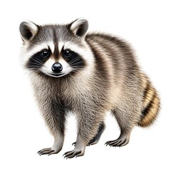 Obraz premium Realistic illustration of a raccoon with distinctive black mask markings, a fluffy coat, and a striped tail, standing on all fours against a white background