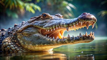 Obraz premium Large alligator head submerged in water with open jaws, alligator, reptile, predator, wildlife, dangerous, lurking, teeth