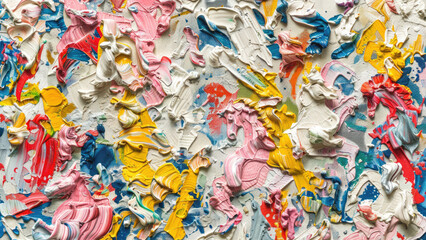 Vibrant abstract painting with bold strokes of blue, yellow, and pink