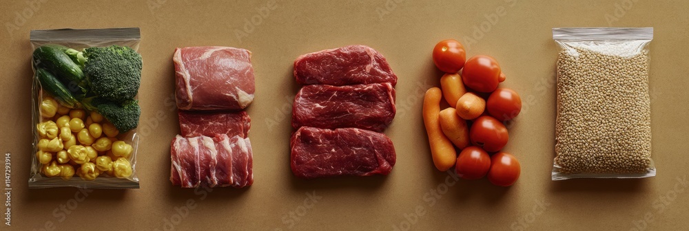 Poster colorful display of fresh vegetables, meat cuts, and grains with ample copy space for food related d