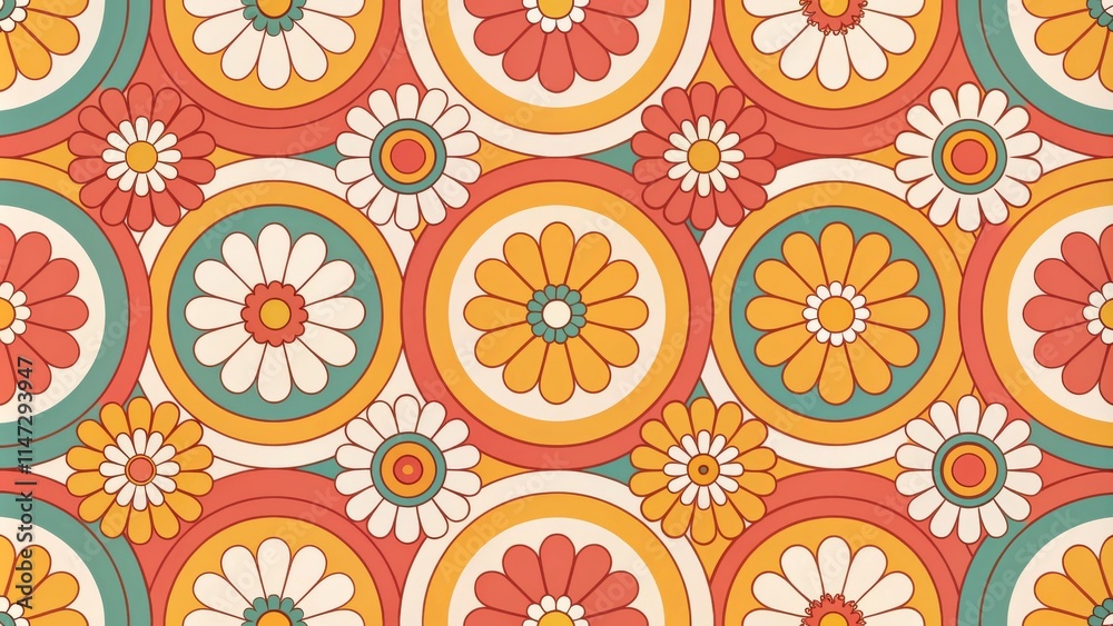 Poster retro floral pattern with circular design and bold colors