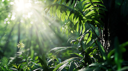 Naklejka premium A lush green forest with sunlight shining through the leaves