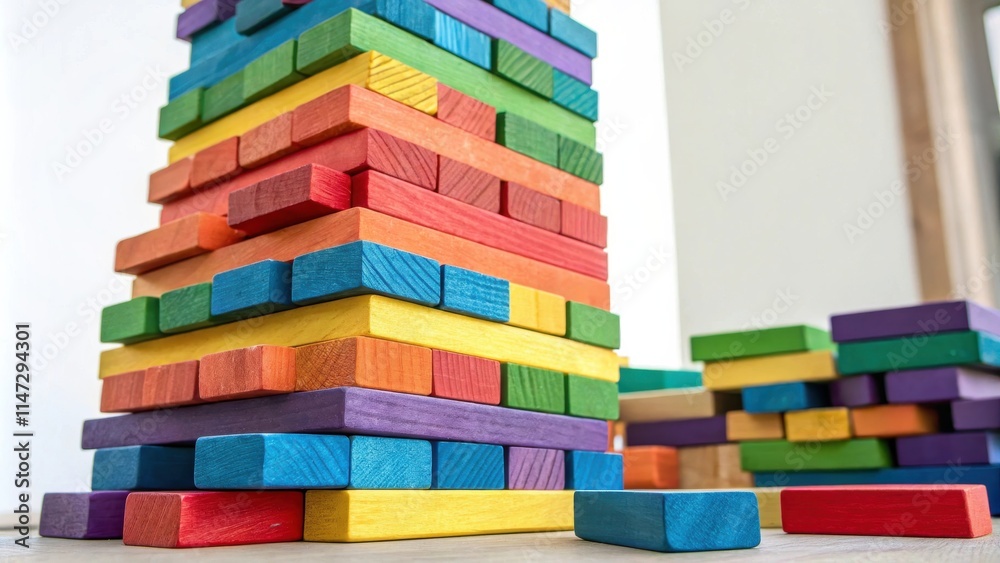Aufkleber A colorful wooden block tower precariously balanced on a tabletop, capturing the essence of playful construction and the challenge of maintaining equilibrium