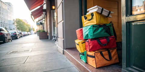 A stack of colorful delivery bags sits outside a storefront, a sign of bustling activity and the promise of delicious meals delivered.