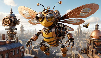 Bee 3D cartoon character (bumblebee) with big eyes and a smile on its face - robot style, bee robot