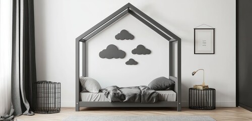 Interior design of a children's room featuring a gray house bed and cloud wall art.