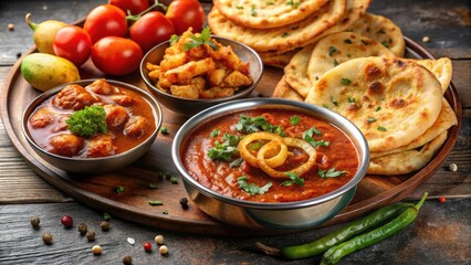 Fresh and flavorful Indian meal with homemade bread, spicy potato fry, tomato sauce, and crispy onion rings