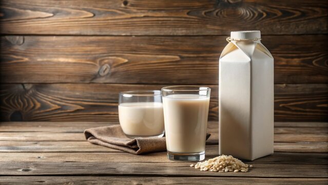 Oatly milk cartons and glass of oatly milk on a wooden table, oat milk, vegan, dairy free, milk alternative, Oatly