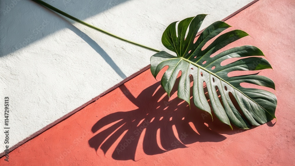 Poster A single large green leaf with intricate perforations casts a shadow on a contrasting red surface, creating a visual interplay of light and form.