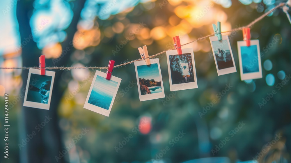 Poster Polaroid photos hanging on a string showcase memories against a beautiful sunset backdrop. Generative AI