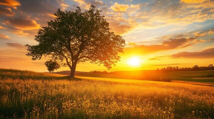 Obraz premium Sunset Landscape Tree Field