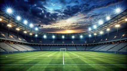 Soccer stadium illuminated at night with dramatic lighting and empty seats , Soccer, Stadium, Night, Dramatic, Illuminated