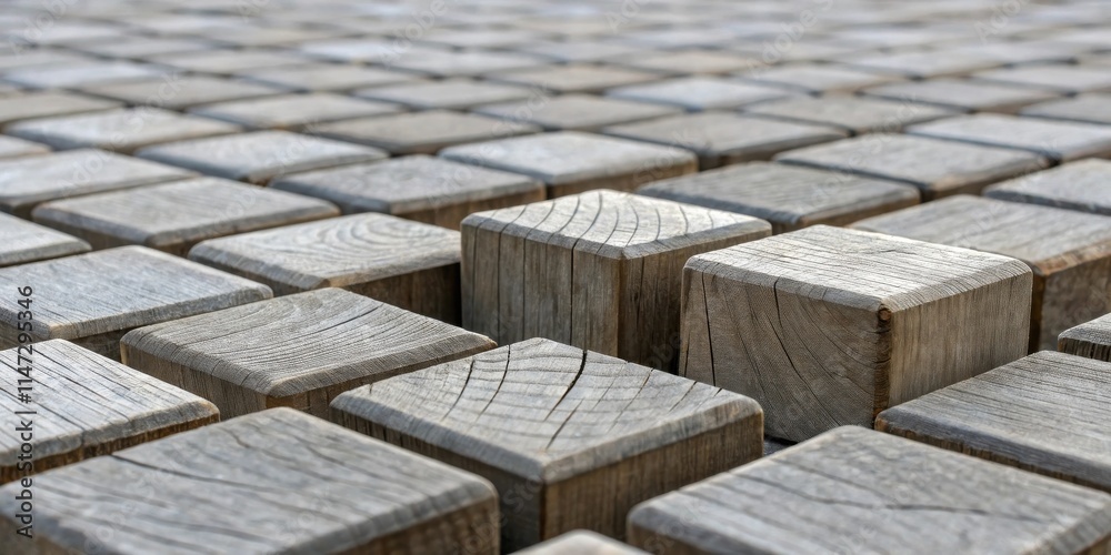 Poster a close-up view of a patterned arrangement of wooden blocks, displaying the natural grain and textur
