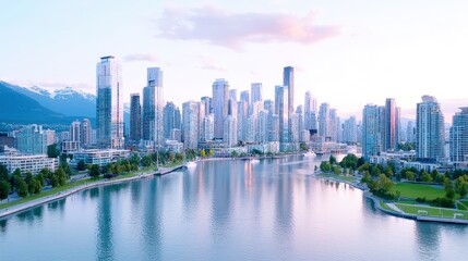 Fototapeta premium Panoramic city skyline at sunrise, reflecting on calm water.