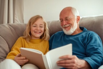 Grandfather and granddaughter enjoying quality time together, reading a book and smiling on a comfortable sofa