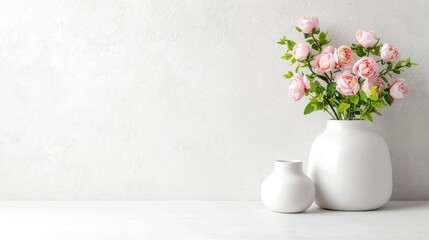 Fototapeta premium Pink roses in a white ceramic vase next to a smaller empty vase on a white table against a textured light grey wall with copy space.